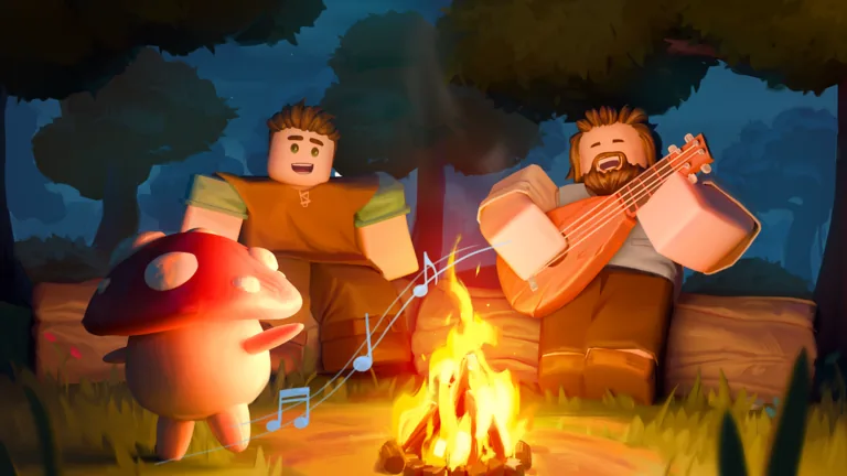 Illustration promotionnelle officielle de Scrooms montrant deux musiciens Roblox et un champignon rouge près d’un feu de camp en forêt